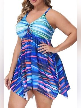 NWT Hanna Nikole One Piece Swim dress Swimsuit 26W Rainbow Attached Shorts